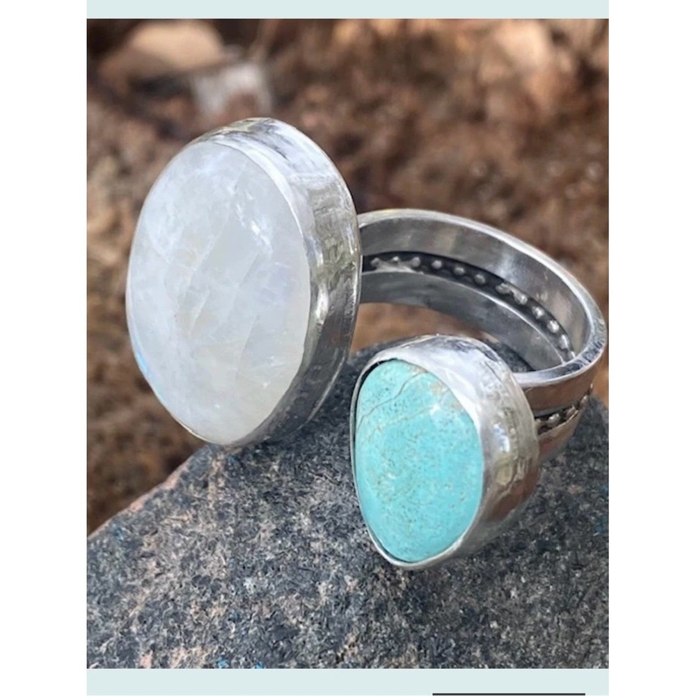 Moonstone and Turquoise Sterling Silver Chunky Dual Adjustable Ring
